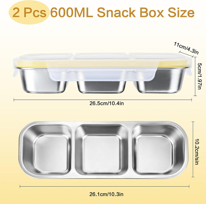 Snackbox mit Fächern, 2 Stück Edelstahl Snackbox Kinder mit 3 Fächern, BPA-frei Brotdose Kinder für