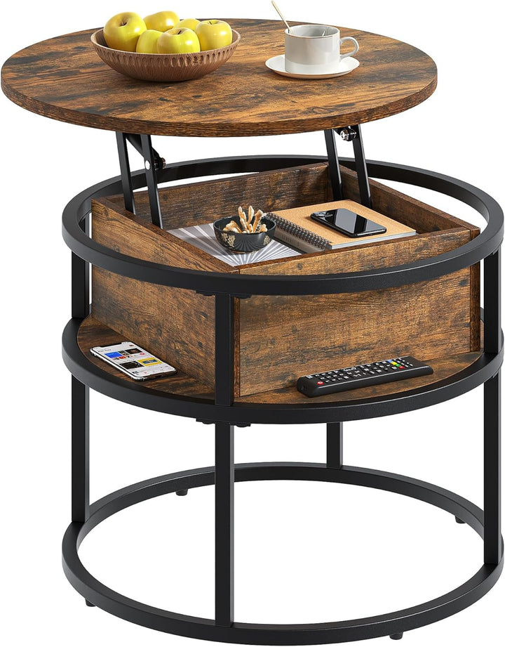 YITAHOME Couchtisch Rund mit Hebeplatte, Wohnzimmertisch Höhenverstellbar mit Stauraum 60x60x47cm, C