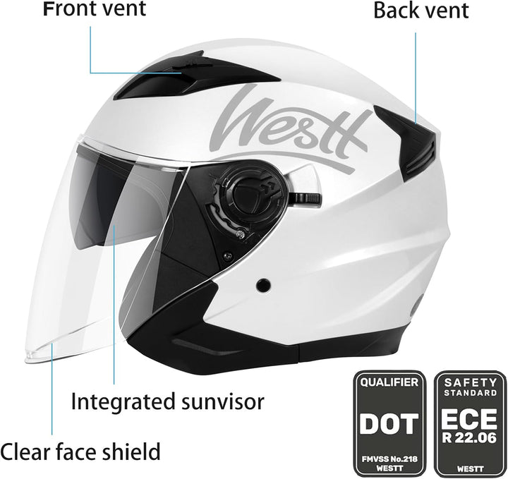 Westt Jethelm mit Visier und Sonnenblende Motorradhelm Herren Damen Rollerhelm Mopedhelm Mofa Choppe