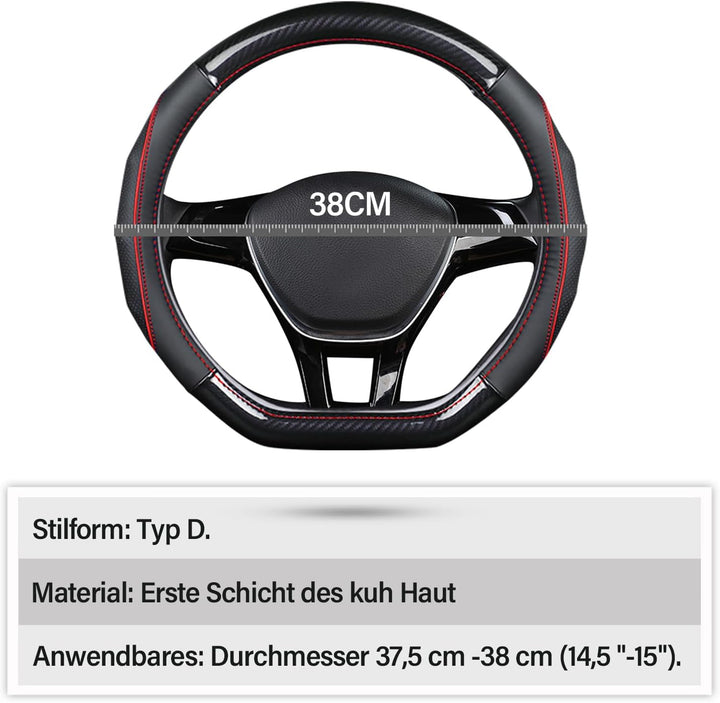 Ergocar Auto Lenkradbezug Rutschfester Auto Lenkradschutz D-Form Kohlefaser & Erste Schicht Rindsled
