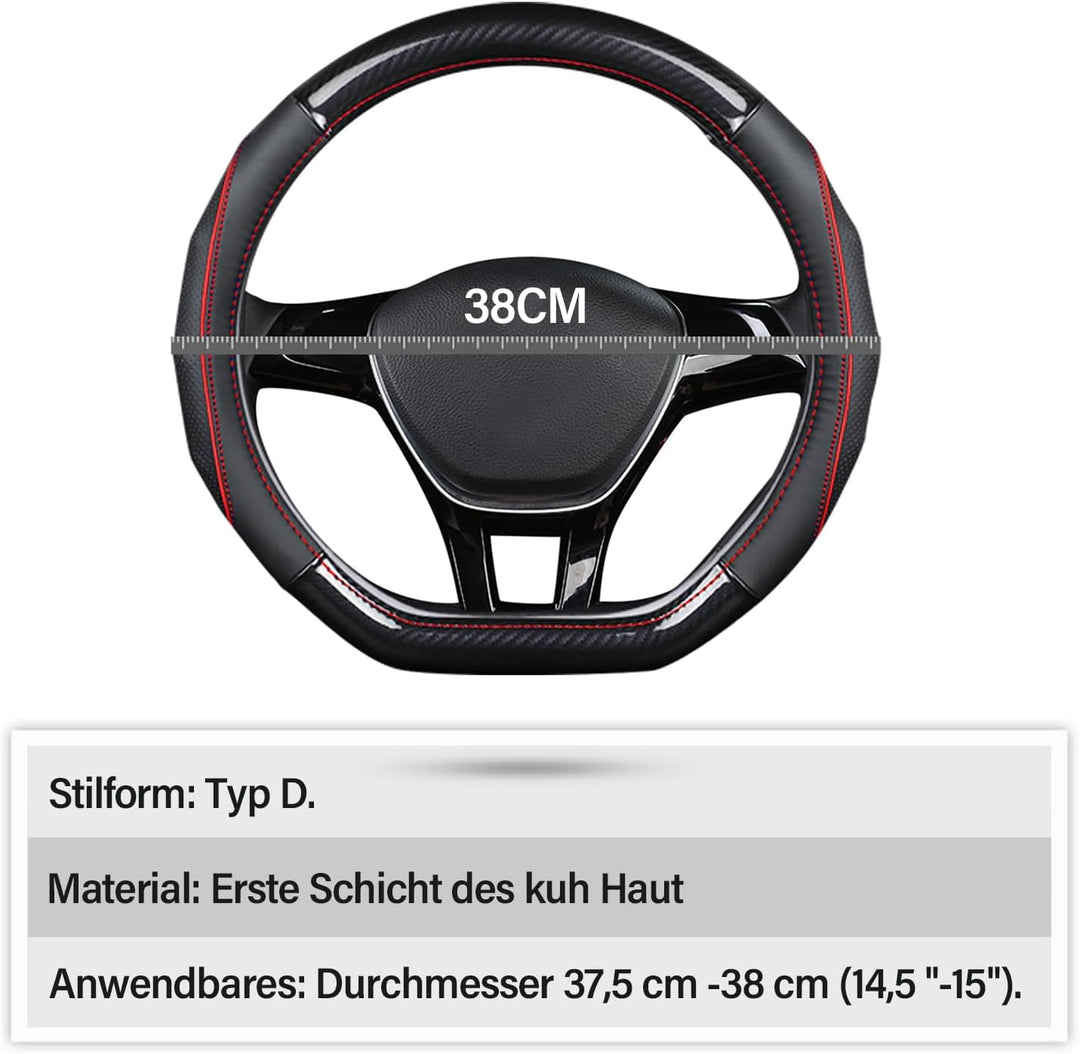 Ergocar Auto Lenkradbezug Rutschfester Auto Lenkradschutz D-Form Kohlefaser & Erste Schicht Rindsled