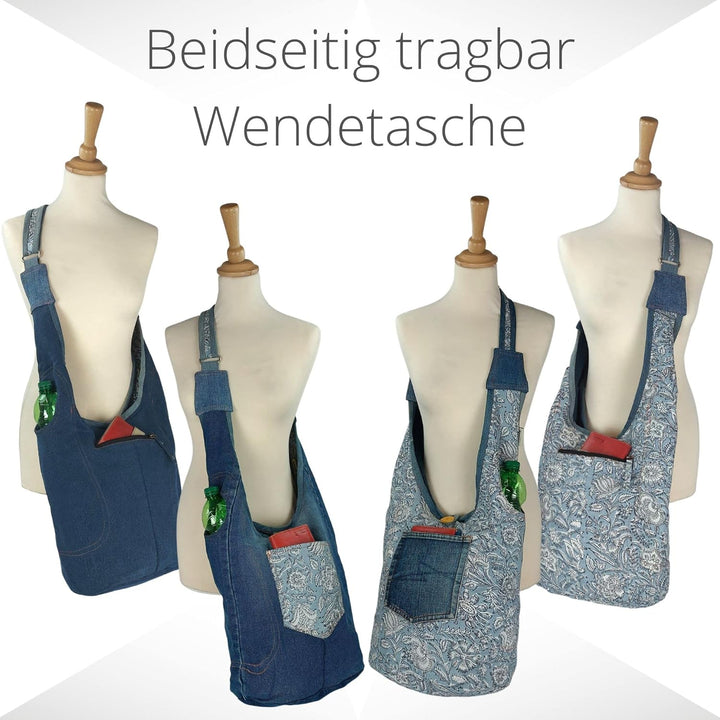 Sunsa Damen nachhaltige Hobo Tasche. Umhängetasche aus recycelte Jeans & Baumwolle. Boho blumig Cros