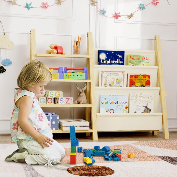 Bücherregal für Kinder, Holz, Vier Etagen Regal für Spielzeug Aufbewahrung, Montessori Bücherregal f