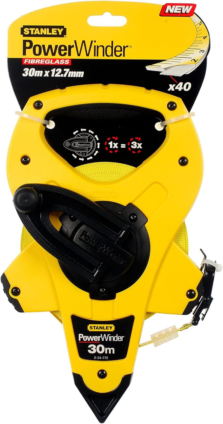 Stanley Rahmenbandmass Power Winder Fiberglas (30 m Länge,ergonomisch, Genauigkeitsklasse III) 2-34-