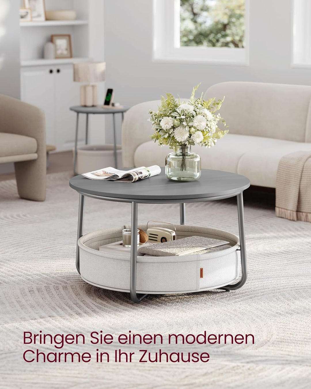 VASAGLE Couchtisch rund, Tisch mit Stauraum, Beistelltisch, Wohnzimmertisch mit Korb aus Stoff, mode