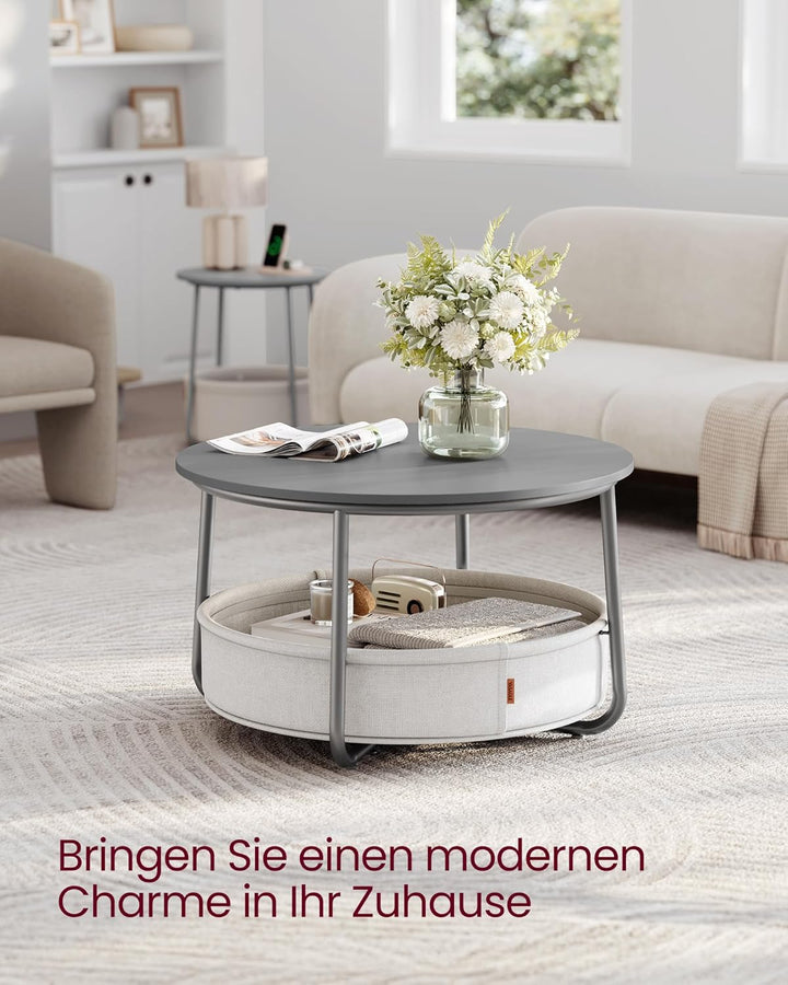 VASAGLE Couchtisch rund, Tisch mit Stauraum, Beistelltisch, Wohnzimmertisch mit Korb aus Stoff, mode