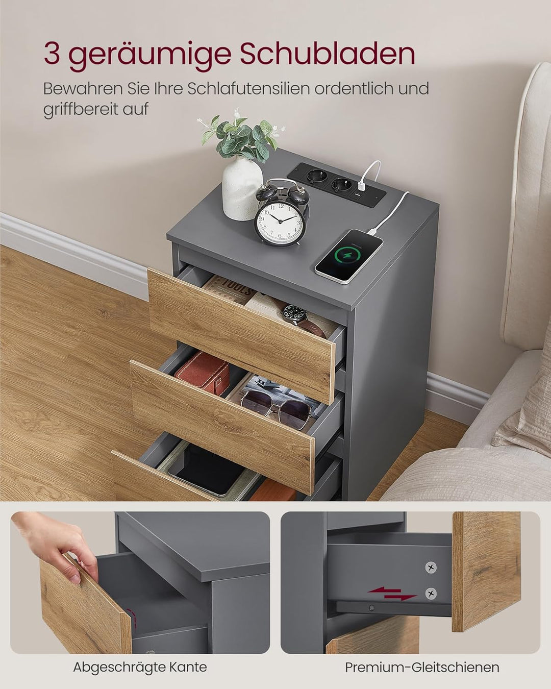 VASAGLE Kailyn Collection - Nachttisch mit Steckdosenleiste, 2er Set, Beistelltisch, 3 Schubladen, 2