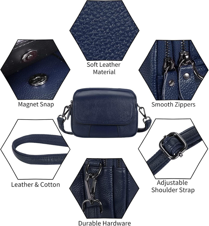 HAWEE Damen Handy Umhängetasche Echtes Leder Crossbody Schultertasche mit 3 Reissverschlüsse Kleine