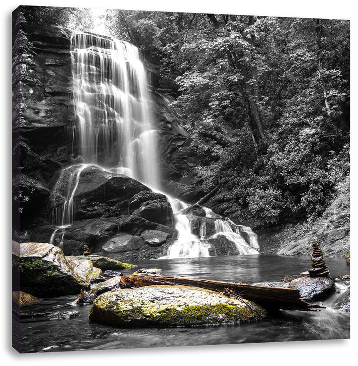 Pixxprint schöner Wasserfall mit Steinturm als Leinwandbild Quadratisch/Grösse: 70x70 / Wandbild/Kun