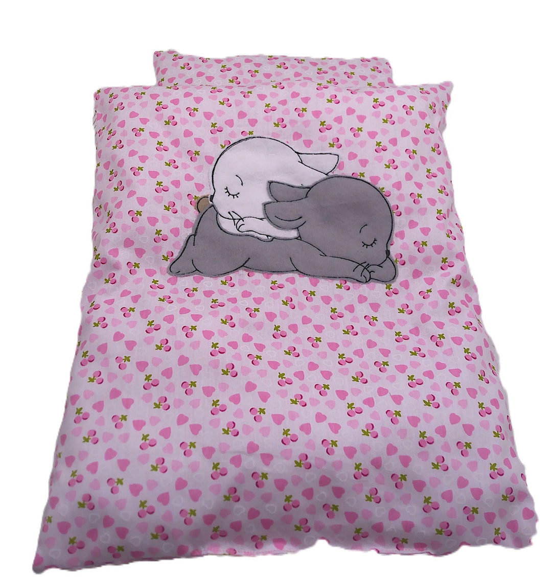 Puppenbettwäsche rosa Herzchen-Design, 4 Variaten, für Puppenwagen,-bett oder Puppenbuggy (Kuschelha