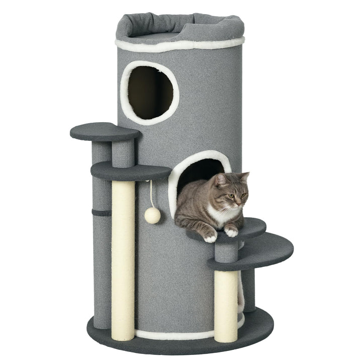PawHut Kratztonne mit 3 Höhlen Spielball für Mittelgrosse Katzen 99 cm Grau | Katzentonne, Sisalstäm