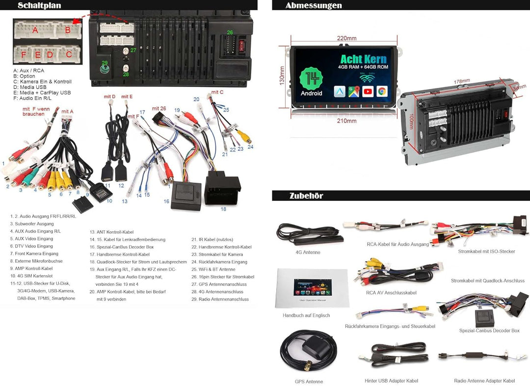 Erisin 9 Zoll IPS Android 14 Autoradio Acht Kern 4GB+64GB Für VW Golf 5 Golf 6 Tiguan Passat Jetta C