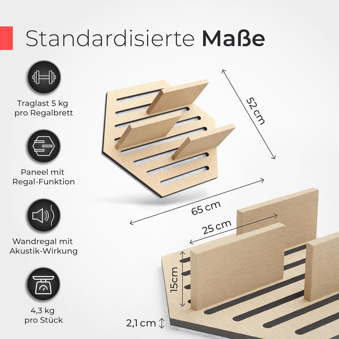 Akustikpaneele Holz Wandregal – Echtholz Eiche & Akustikfilz Grau | Hexagon 65x52cm – Regal & Schall