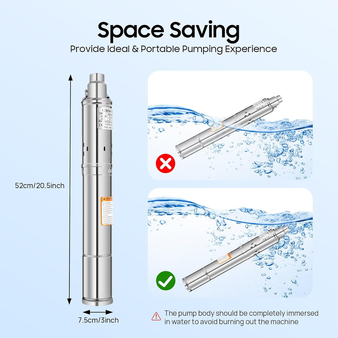 3 Zoll Tiefbrunnenpump Edelstahl Tiefbrunnenpumpe 1600 L/h, Förderhöhe max. 80 m, Brunnenpumpe Tauch