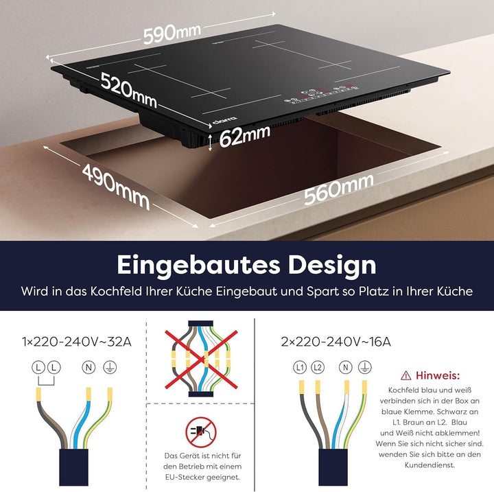 CIARRA CBBIH4BFF 4 Zonen Einbau Induktionskochfeld mit Zwei Flexzonen Power Booster Touch-Bedienung