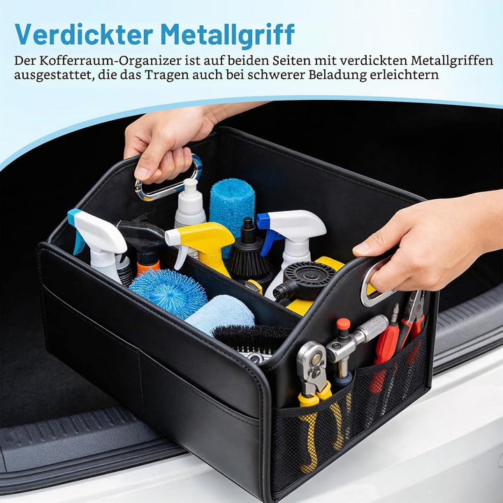 Kofferraum Organizer, Faltbar Auto Organizer mit Metallgriffen, Leder Kofferraumtasche mit Abnehmbar