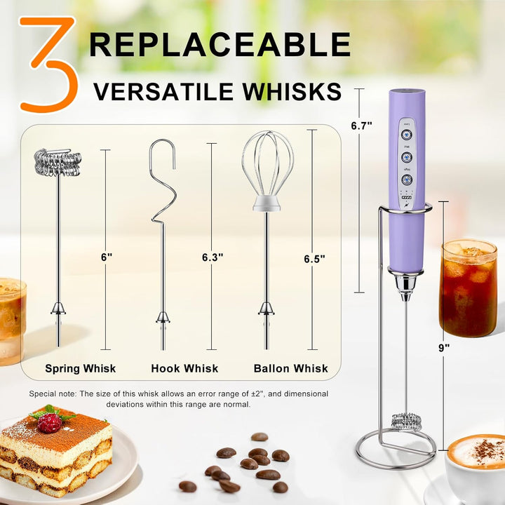 YUSWKO Wiederaufladbarer Milchaufschäumer für Kaffee mit Ständer, Handheld Getränkemixer mit 3 Köpfe