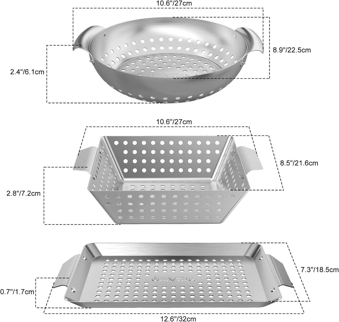 Onlyfire Grillschale Edelstahl 3er Set, Grillkorb mit Tragegriffen, Grillschale für Gemüse, Fleisch