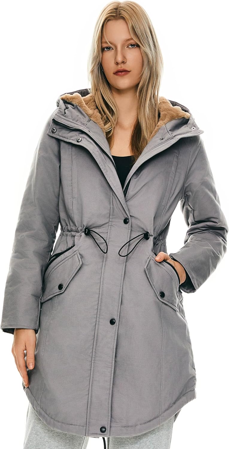 Orolay Damen Kapuzen Fleece Gefüttert Parka-Mantel Mittlere Länge Winter Draussen Gepolstert Jacke X