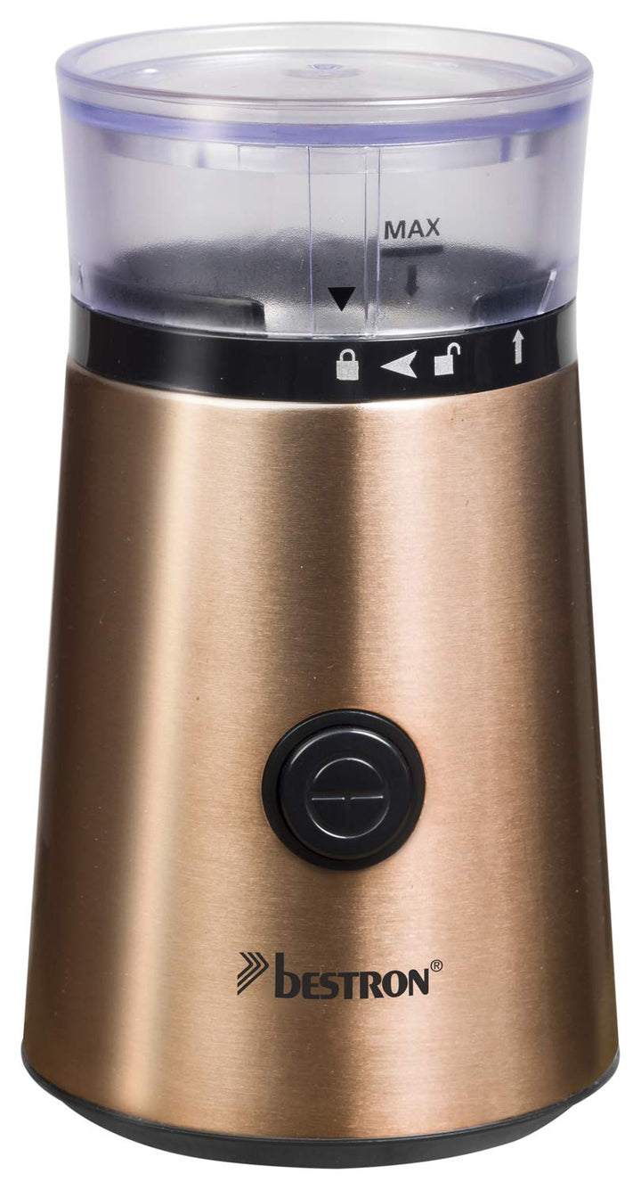 Bestron Elektrische Kaffeemühle mit Edelstahl-Schlagmesser, Füllmenge: 50g, 150 W, Edelstahl in Kupf