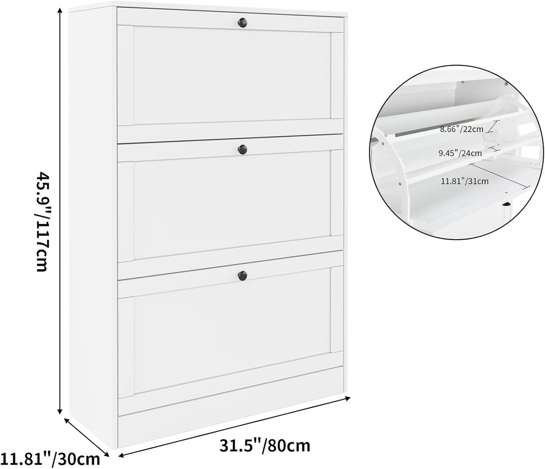 VOWNER Schuhschrank mit 3 Klappen, Schuhregal Schuhkipper Schmal, Schuhschrank Weiss, mit 9 Fächern,