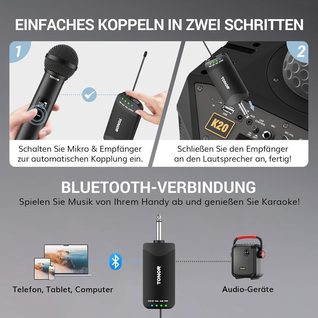 TONOR Mikrofon Kabellos, Bluetooth Wiederaufladbares Funkmikrofon, Metall UHF Drahtloses Mikrofon Se