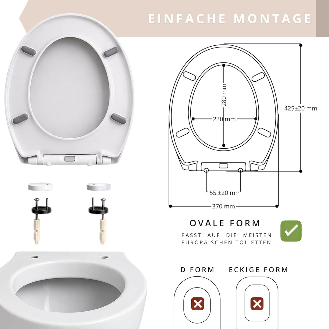 Toilettendeckel mit Absenkautomatik weiss oval, WC-Sitz abnehmbar antibakterielles Urea Duroplast, I