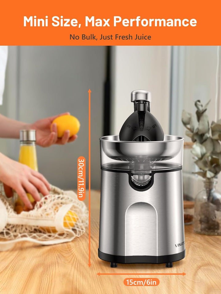 VINATO Elektrische Zitruspresse Edelstahl mit 2 Presskegeln – Automatische Orangenpresse &amp; Zitronenp