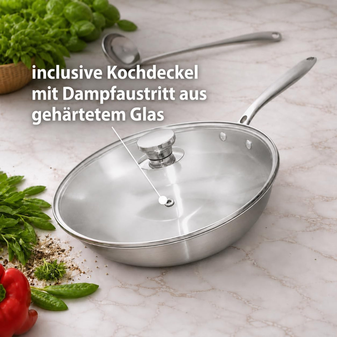 ⌀30 cm Wok Pfanne aus Edelstahl, unbeschichtet & langlebig, 3-lagiges Material für optimale Wärmever