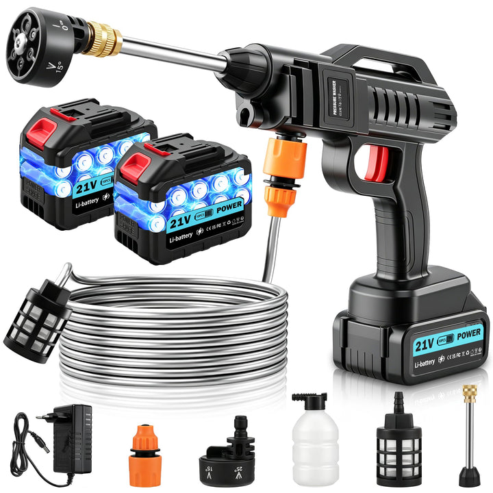 Akku Hochdruckreiniger, 21V, 100 bar, tragbarer Druck mit 2 x 3000 mah Lithium-Akku, 6-in-1-Düse, 5