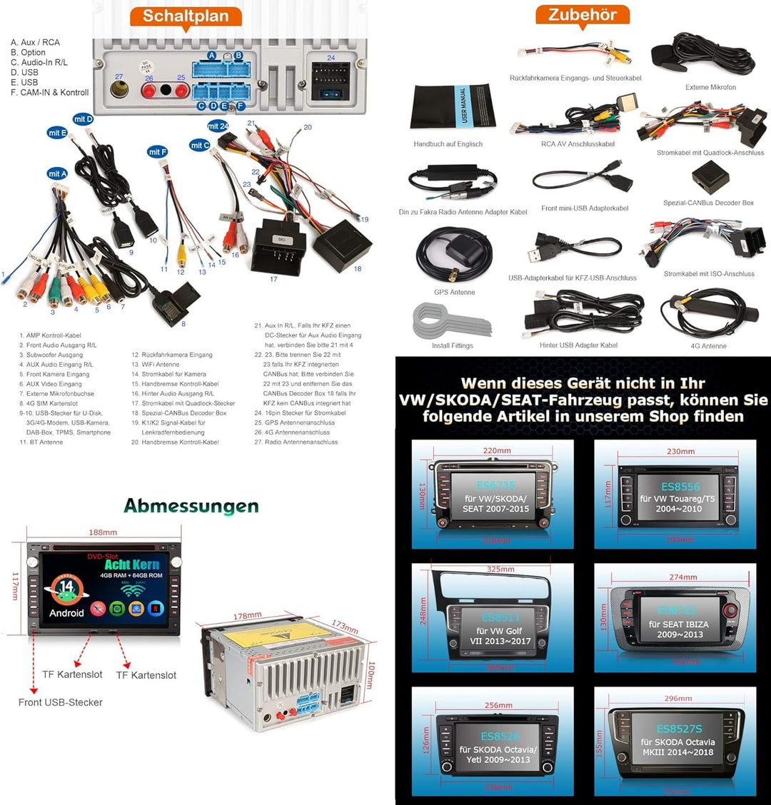 Erisin Android 14 8 Kern 4GB+64GB 2din DAB+ Autoradio Für VW Passat B5 Golf 4 Sharan Polo T4/T5 Jett
