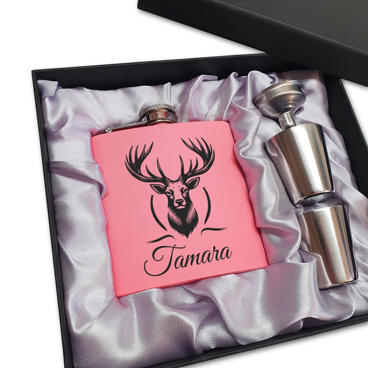 Jägerin Geschenk Rosa Flachmann Hirsch mit Gravur Flachmann Frauen Geschenkidee Bergsteigerin Pink,