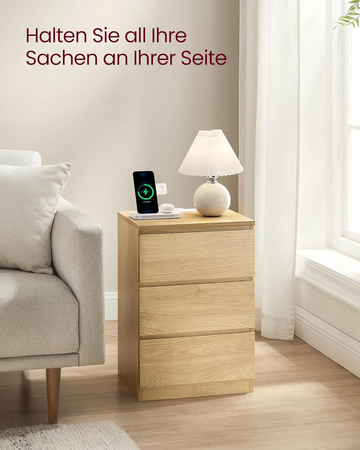 VASAGLE Kailyn Kollektion - Nachttisch mit Steckdosenleiste, 2er Set, Beistelltisch, 3 Schubladen, 2