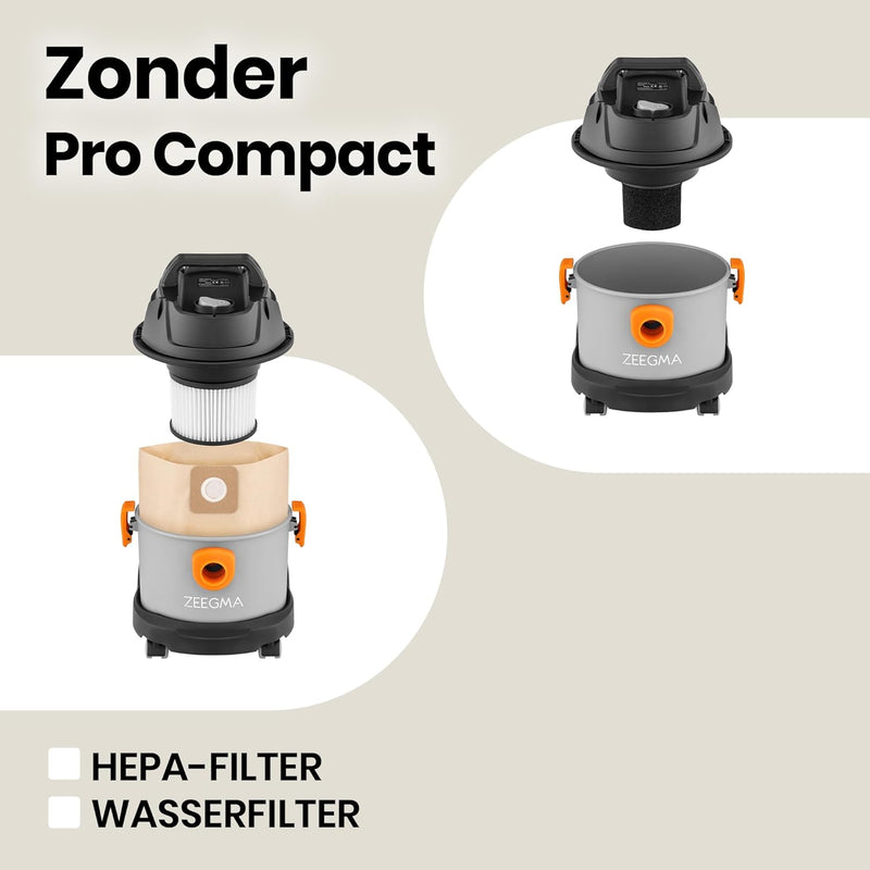 Zeegma ZONDER Pro COMPACT Nass-/Trockensauger, Kompakter Industriestaubsauger 1000W, Behälter 6 L, P