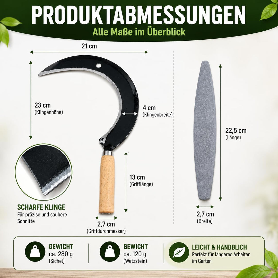 Set Hochwertige Sichelsensen mit Wetzstein, Scharf Sickle, 35 cm Handsensen, kleine Sensen, Trimmer,