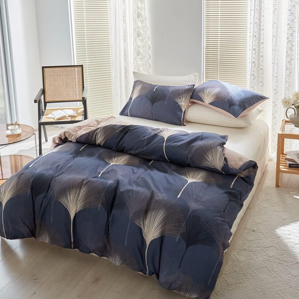 Damier Bettwäsche 200x200 Blau Blätter Motiv Bettbezug Set Kuschelig Weich Mikrofaser Bettwäsche Mod
