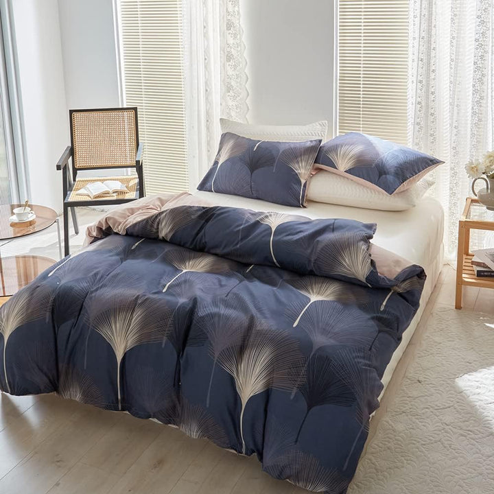 Damier Bettwäsche 200x200 Blau Blätter Motiv Bettbezug Set Kuschelig Weich Mikrofaser Bettwäsche Mod