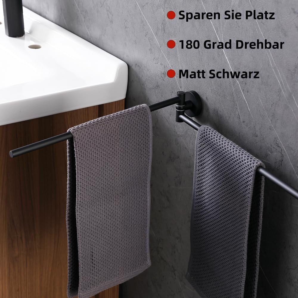HomeHeng Zweiarmig Schwenkbar Handtuchhalter,Edelstahl Matt Schwarz Wand Handtuchhalter Bad Handtuch