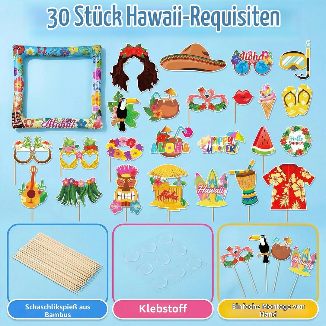Hawaii Fotobox Accessoires 30 Stück mit Aufblasbarem Fotorahmen 75 x 65cm, Sommer Foto Requisiten, P