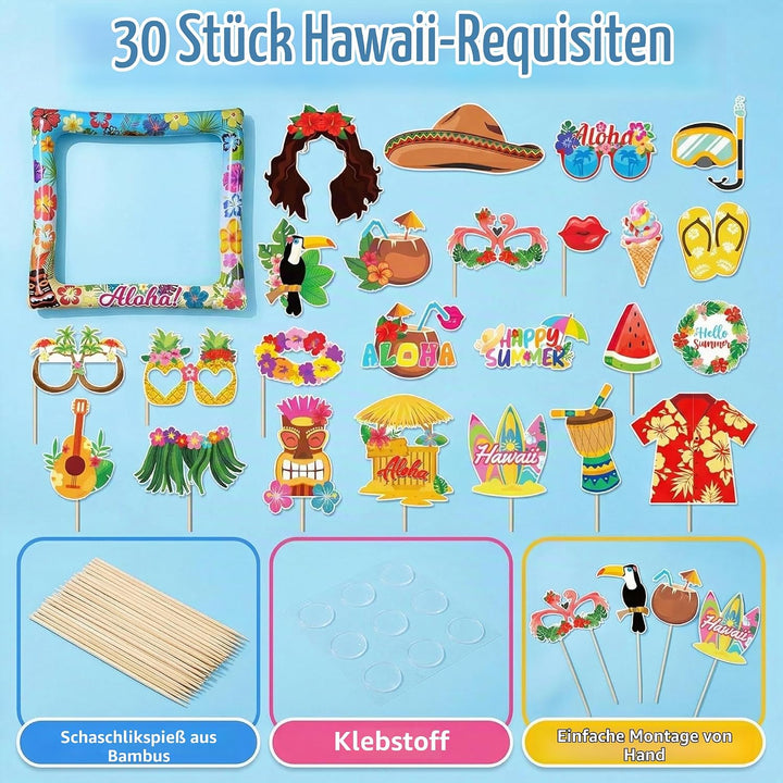 Hawaii Fotobox Accessoires 30 Stück mit Aufblasbarem Fotorahmen 75 x 65cm, Sommer Foto Requisiten, P