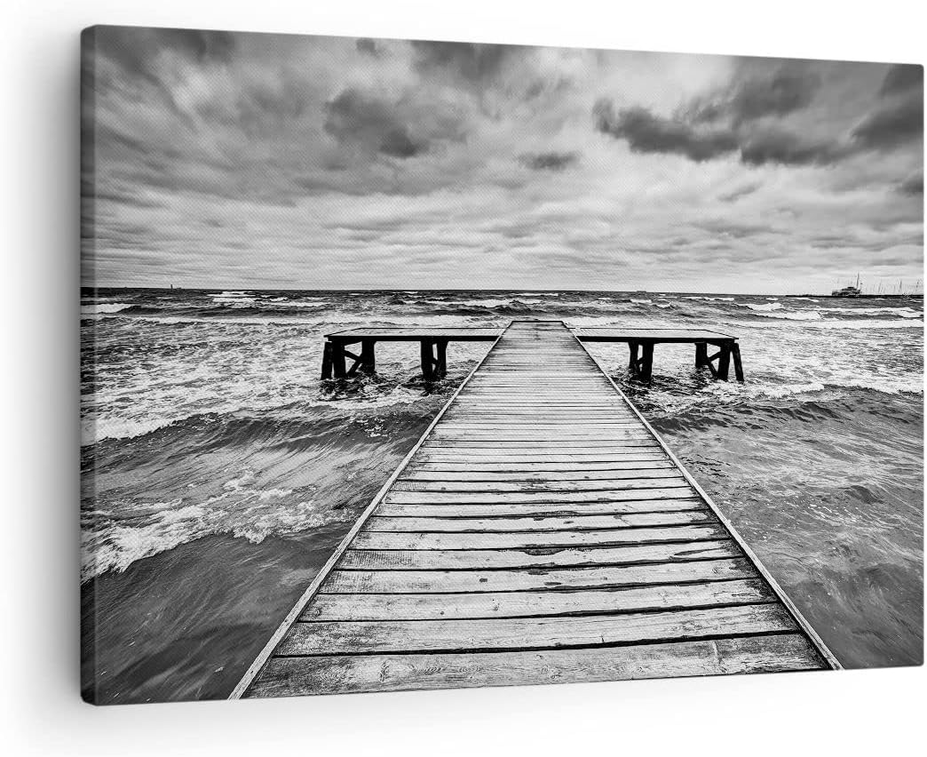 Bilder auf Leinwand Brücke Meer Welle Leinwandbild mit Rahmen 70x50cm Wandbilder Dekoration Wohnzimm