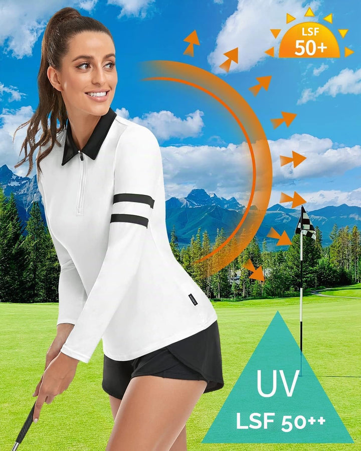 Soneven 1/4 Reissverschluss Golf Poloshirt Damen Langarm Polohemd Sport Polo Langarmshirt Damen Spor