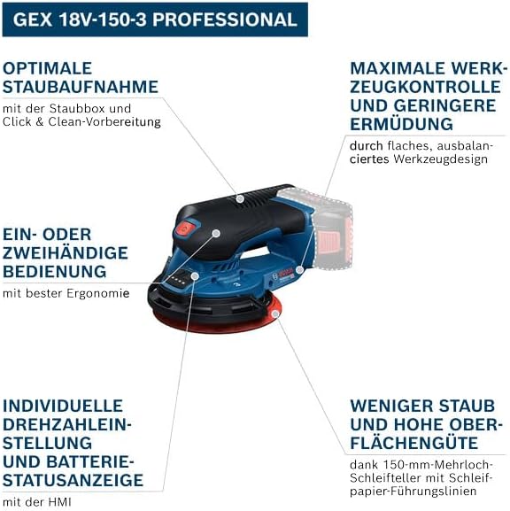 Bosch Professional 18V System Akku-Schleifer GEX 18V-150-3 (inkl. 1x Schleifpapier, 1x Staubbox, 1x
