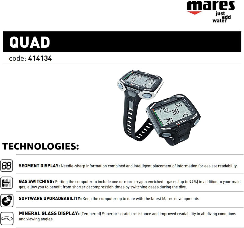 Mares 414134 Quad Dekompression Tauchcomputer für Unisex Erwachsene schwarz / schwarz Einheitsgrösse