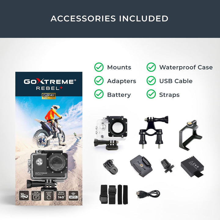 GoXtreme Rebel+ Action Kamera (Full HD, 2"/5cm Display, WiFi, Wasserfestes Gehäuse)
