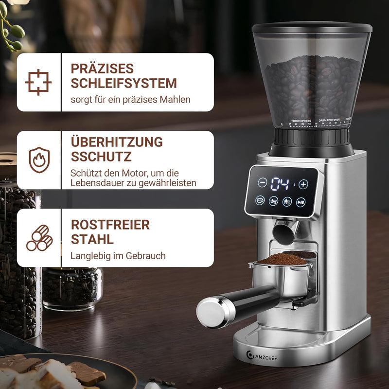 AMZCHEF Kaffeemühle Elektrisch mit Abnehmbarem Halter für Siebträger und Behälter | Kaffeemühle Sieb