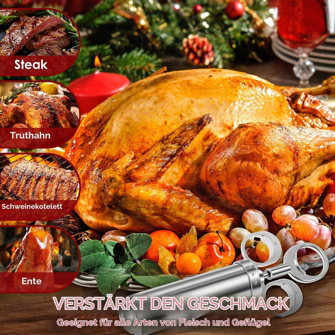 Edelstahl Fleischspritze, Marinadenspritze Kit mit 3 Marinierspritze Nadeln und 2 Reinigungsbürste,