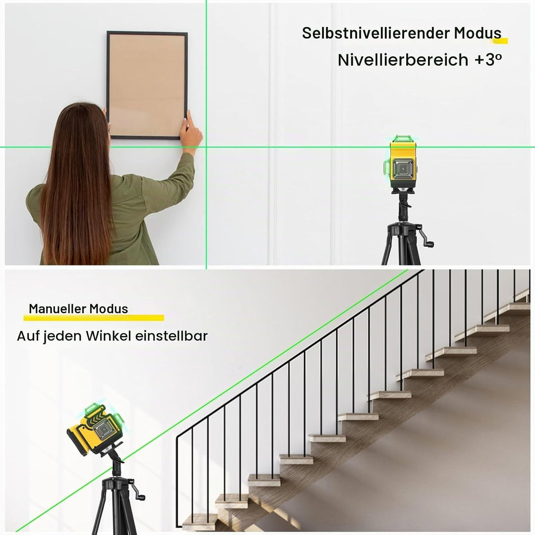 Kreuzlinienlaser mit Stativ - cjumel 4 x 360° Grün Laser Wasserwaage Selbstnivellierend, 4D 16 Linie