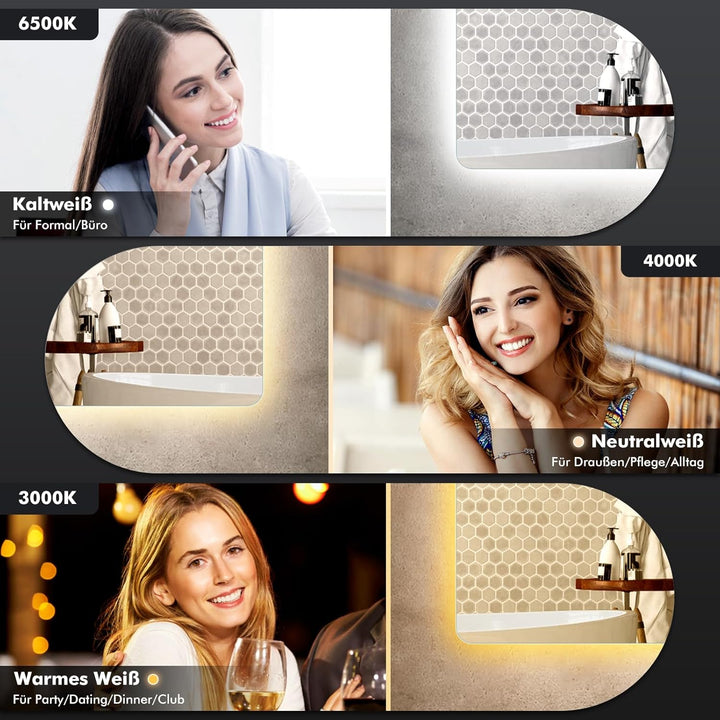 Badezimmerspiegel mit LED-Leuchten für die Wand, beschlagfrei, 3 Farben dimmbar, LED, HD-Hartglas, B