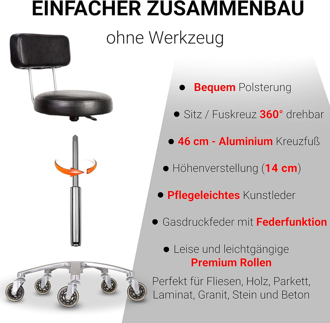 Staboos Rollhocker bis 160 kg - Premium Rundsitz mit Lehne - Praxishocker (Premium Rollen) Drehhocke